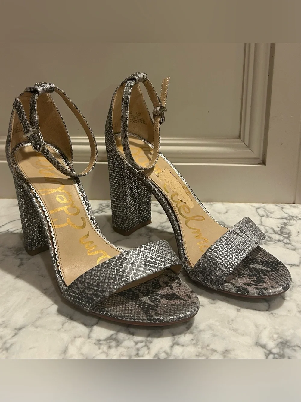 Sam Edelman Yaro Ankle Strap Metallic Snake Print Sandal Block High Heel Sz 8